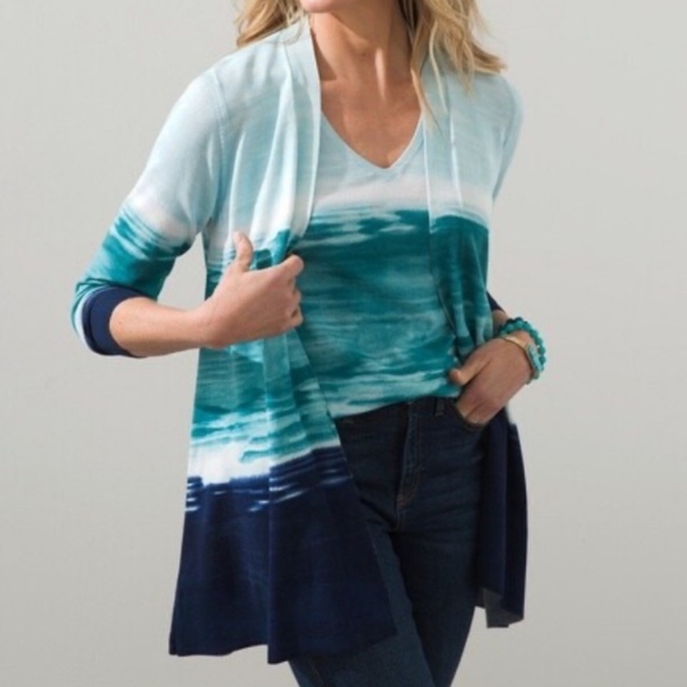 Chicos Ocean Spun Ombre Open Front Coastal Cardigan Size L